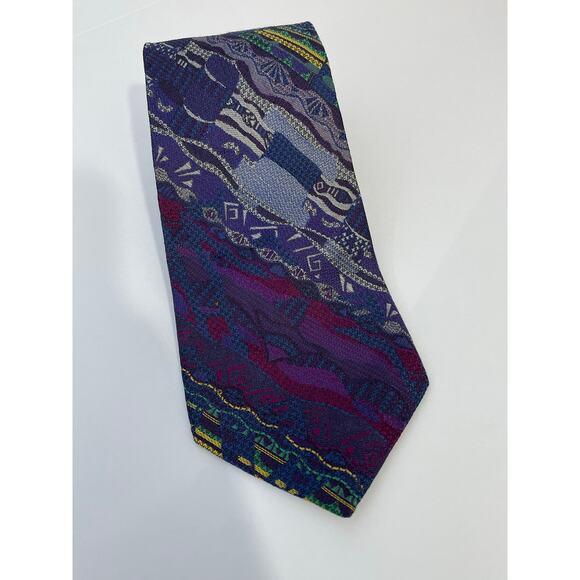 Vintage Coogi Australia Silk Necktie Extra Long 65" Purple Abstract Retro READ - Picture 2 of 6